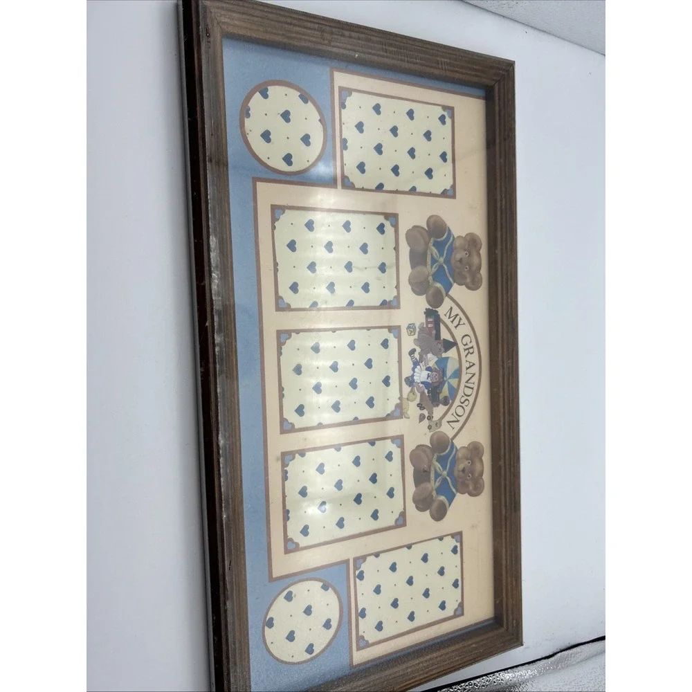 Vintage 90s Oak Frame My Grandson Teddy Bear Themed Photo Collage Frame 9